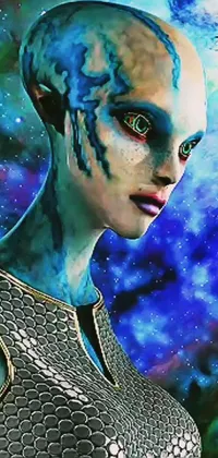 This live wallpaper features a beautiful painting of a woman donned in blue face paint, surrounded by mystical symbols and nature