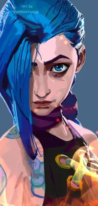 This live wallpaper is a beautiful portrayal of a blue-haired woman holding scissors in a sleek and modern design, drawing inspiration from 2D minimalism and Borderlands-style art