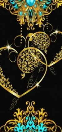 This stunning phone live wallpaper features two intricately designed blue and gold hearts set against a black background