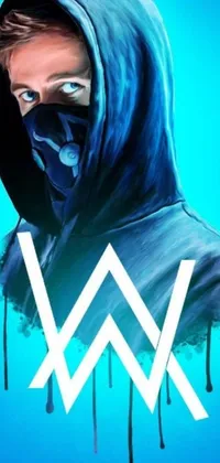 Add some flair to your phone with this slick live wallpaper! It's a digital art piece depicting a figure wearing a hoodie and a broken mask against a bold blue background