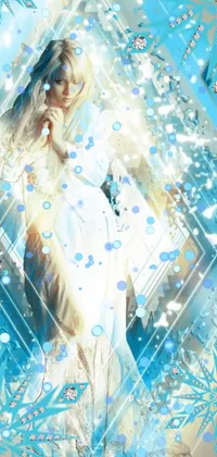 This phone live wallpaper showcases a stunning woman surrounded by snowflakes against a blue diamond-adorned background