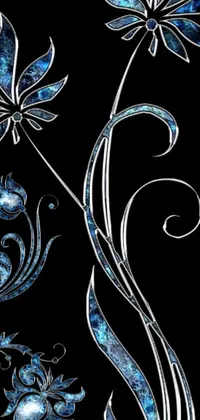 This live wallpaper for your phone features exquisite art nouveau design consisting of blue flowers on a black background