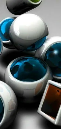 This phone live wallpaper is a beautiful and eye-catching design featuring an arrangement of blue and white lens orbs on a brown table