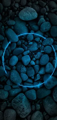 This phone live wallpaper features a stunning blue ring sitting atop rocks surrounded by a bioluminescent surface