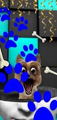 This phone live wallpaper boasts a stunning digital art image of a dog sitting inside a cup