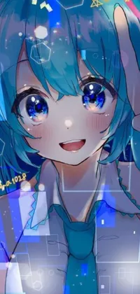 This phone live wallpaper boasts a beautiful anime-style art featuring a character with bold blue hair