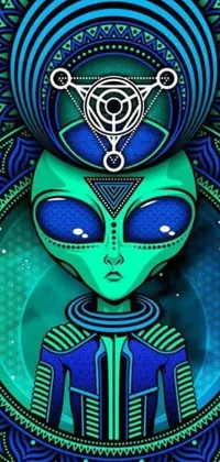 This live wallpaper features a captivating design of a green-headed alien with blue eyes, set in a psychedelic art style that resembles hydro74