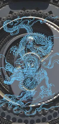 This phone live wallpaper showcases a digital rendering of a fierce dragon on a plate, with biomechanical xray elements in the background
