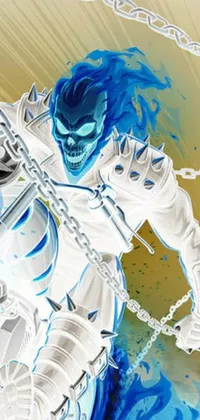 This phone live wallpaper showcases a striking and intense drawing of a man wearing armor in blue and ice silver while surrounded by chains