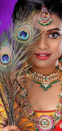 This live wallpaper features a vibrant image of a woman wearing a traditional sari, holding a peacock feather
