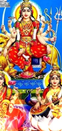 This phone live wallpaper depicts a stunning painting of various Hindu deities, including Shiva, Vishnu, Lakshmi, and Durga, all captured in intricate detail and vibrant colors