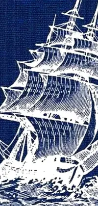 This phone live wallpaper showcases a stunning blue and white sailing ship drawing with a high texture detail
