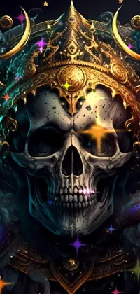This stunning phone live wallpaper showcases a skull with a crown surrounded by intricate flowers