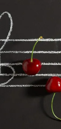 This vibrant phone live wallpaper features a group of cherries sitting on a blackboard alongside music notes and a kiss image