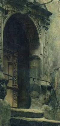 This stunning live wallpaper for your phone is a dark, gothic oil painting depicting a grand set of steps leading up to a building