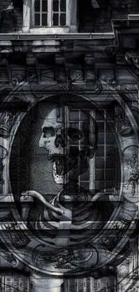 This live wallpaper showcases a gothic building with a clock featuring a skeleton face detailed in piranesi-style