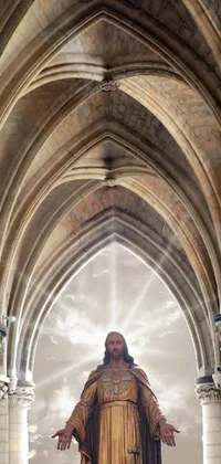 This phone live wallpaper showcases an intricate statue of Jesus positioned within a grand church