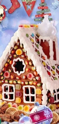 Looking for a lively and festive wallpaper for your phone? This phone live wallpaper showcases a beautifully detailed gingerbread house sitting on a table