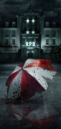 This red and white umbrella phone live wallpaper depicts a concept art like image inspired by the Resident Evil universe