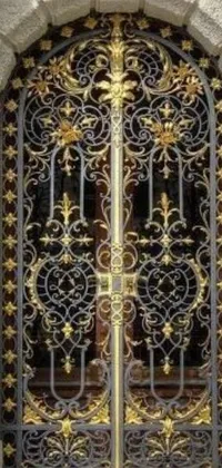 Get a live phone wallpaper showcasing a close-up of a beautiful metal door with baroque-styled wrought iron patterns in gold