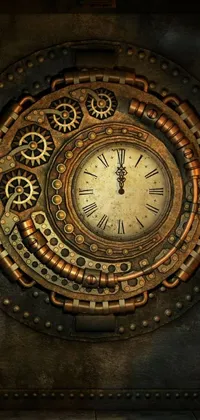 This stunning phone live wallpaper features a large retrofuturistic clock with intricate steampunk-inspired design