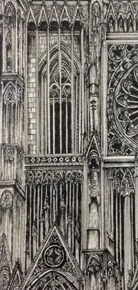 This stunning live wallpaper features a highly detailed black and white drawing of a gothic cathedral, featuring intricate line work and shading
