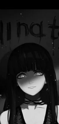 Get spooked with this eerie yet captivating phone live wallpaper featuring a black and white image of a long-haired girl