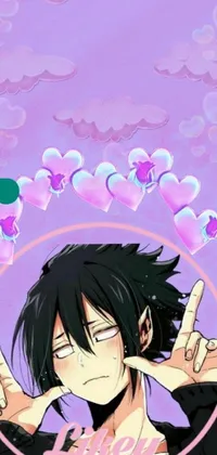 This anime live wallpaper features a black-haired character wearing glasses making a peace sign in an anime drawing style