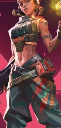 This live wallpaper features a digital art image of a futuristic woman holding a gun with vibrant pastel colors