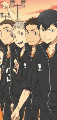Looking for a lively and inspiring live wallpaper? Check out this trendsetting phone wallpaper featuring a group of young men wearing black and orange volleyball uniforms! The cartoon cartoon design is perfectly complemented by a shin hanga style background, bringing pixelated shades of blue and orange to life