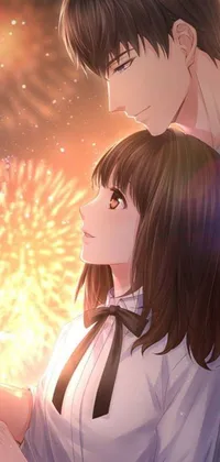 This live wallpaper boasts an anime-style depiction of a couple standing side by side, set against a cheerful fireworks backdrop
