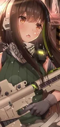 This live wallpaper for phones displays a close-up portrait of a soldier girl with a machine gun