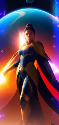 Looking for a mobile wallpaper that is both powerful and epic? This live wallpaper showcases a dynamic illustration of a superheroine standing before a massive planet, flaunting her flowing cape in proud defiance