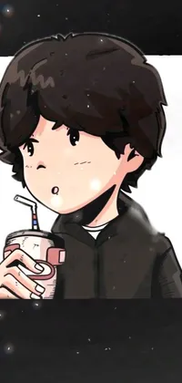 Experience a dynamic and lively phone wallpaper with a close up of a stylishly drawn anime person holding a drink