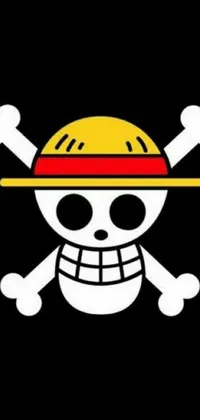 This phone wallpaper displays a playful; cartoon skull featuring large straw hat, yellow helmet, and crossed swords