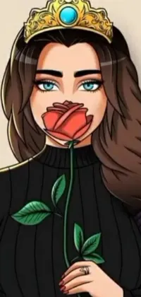 This anime phone live wallpaper features a crowned woman holding a rose and exudes stunning green eyes