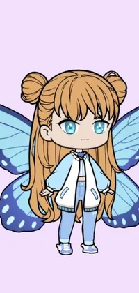 Looking for a cute and enchanting live wallpaper for your phone? Look no further than this lovely anime drawing of a young girl with butterfly wings on her head! This charmingly animated wallpaper features a tiny Katelynn mini-cute style with delicate blue clothing that will look amazing on your phone's screen