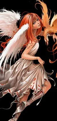 A mesmerizing phone wallpaper featuring a fantasy art digital masterpiece of a woman with angel wings and long fiery hair flying beside an elegant bird