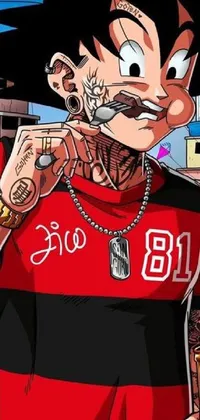 This phone live wallpaper showcases a bold, angular anime design featuring a man in a red and black shirt smoking a cigarette