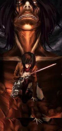 This stunning phone live wallpaper brings to life an anime drawing of a fierce woman holding a sword against a demon in an auto-destructive art style