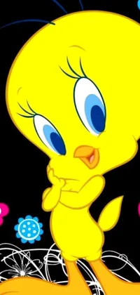 This lively phone live wallpaper presents a colorful and cartoon-like bird in cheerful yellow color and a close-up view, set against a solid black background