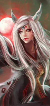 This anime-inspired live wallpaper features a beautiful woman with flowing white hair, adorned with majestic horns on her head