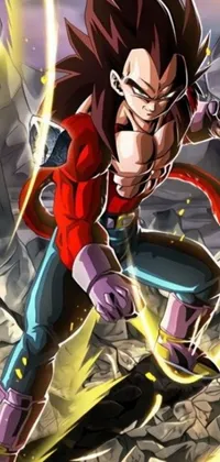 This vibrant phone live wallpaper features a cartoon character in red jacket and purple pants with Saiyan armor on a digitally designed Shin Hanga-inspired background