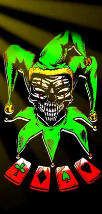 This green-themed live wallpaper showcases a detailed skull art attached to a jester hat, perfect for those who love vivid and unconventional backgrounds on their phone