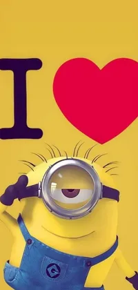 This vibrant phone live wallpaper showcases a yellow and blue minion holding a heart in vibrant red, perfect for adding a pop of color and fun to your device