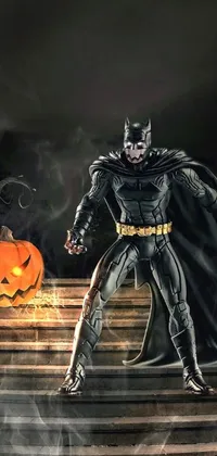 This live phone wallpaper features a confident man dressed in a Batman costume