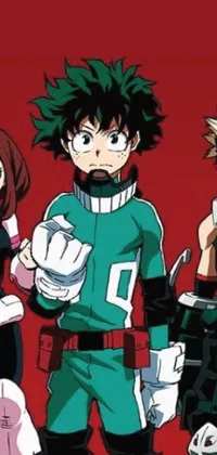 This phone live wallpaper features a vibrant anime scene with multiple masked heroes standing in a formation, led by Izuku Midoriya from the popular My Hero Academia anime series