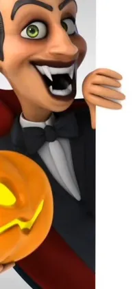 This mesmerizing phone live wallpaper features a cartoonish man wearing a tuxedo while holding an orange pumpkin in his hand