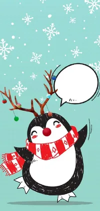This phone live wallpaper showcases a delightful cartoon illustration of a penguin donning reindeer antlers and a warm scarf, set against a speech bubble-style background
