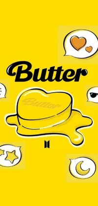 This live phone wallpaper features a close-up image of a toaster on a yellow backdrop, with additional design elements including an album cover, tumblr, graffiti, a butter illustration, and floral emojis